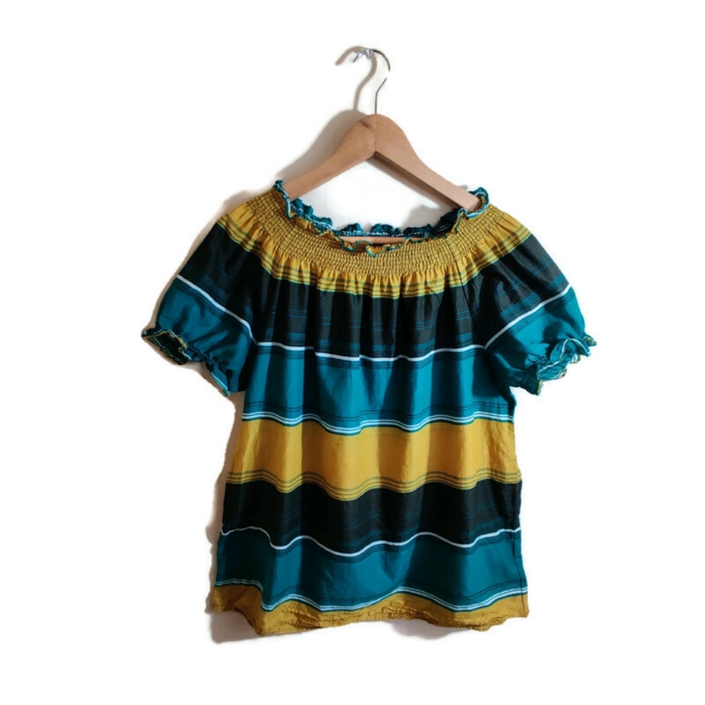 MOSSIMO Women's Multicolored Short Sleeve Ruffle Off Shoulder Synched Blouse L